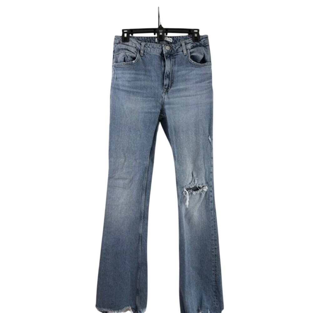 Zara Blue High Rise Distressed Raw Hem Flare Jeans Size 8 Y2K Streetwear Denim